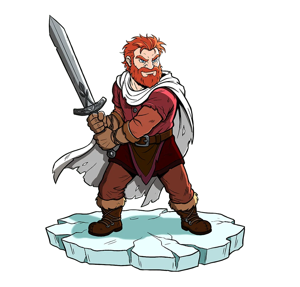 Young Santa Claus holding a sword on an ice platform