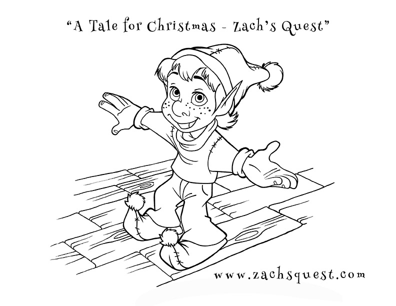 Zach's Quest - Free happy elf Christmas coloring book page