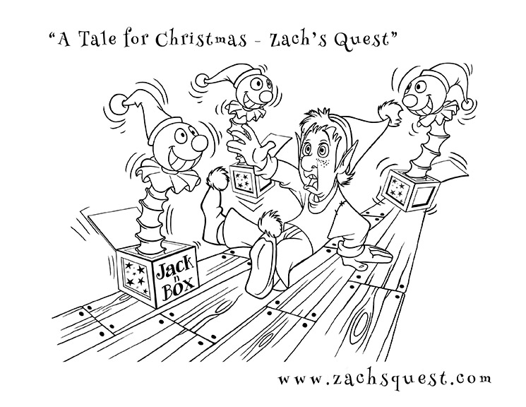 Zach's Quest - Free elf with Jack in the Box Christmas coloring book page